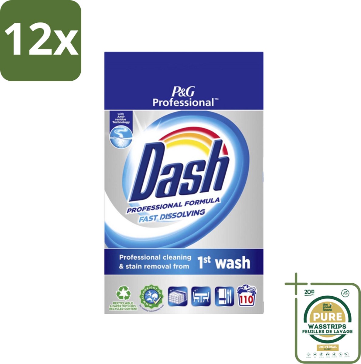 Dash Professional - Snel Oplossend Waspoeder - Witte en Gekleurde Was - 110 Wasbeurten - Voordeelverpakking - 12 stuks - Vlekkenverwijderaar - Professionele was