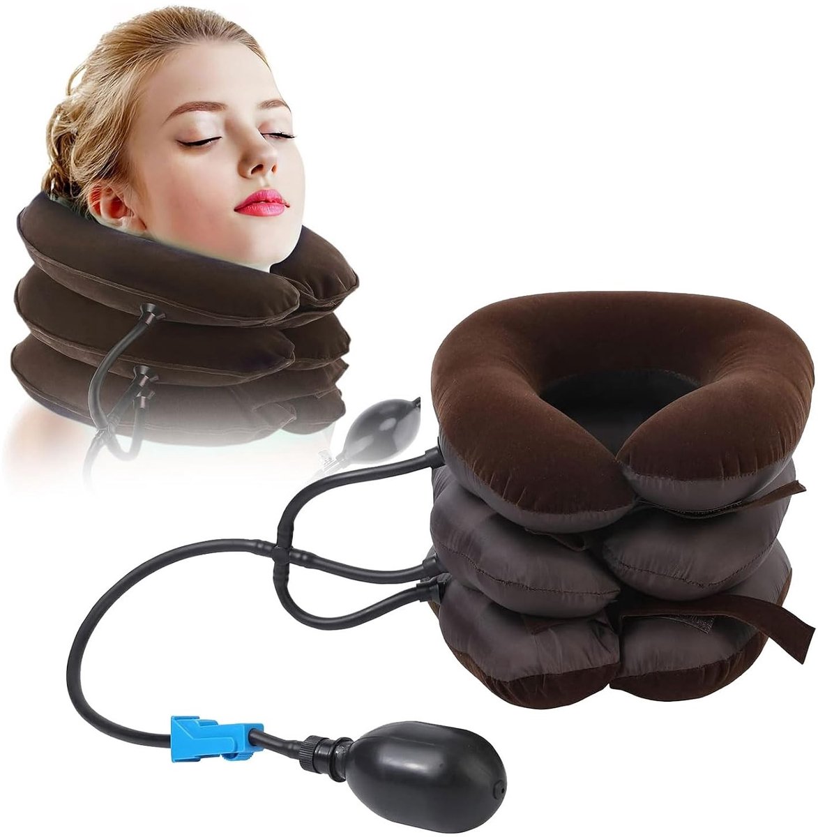 Cervicale Traction Device voor Nekondersteuning, Verstelbare Nekmassager en Pijnverlichting, Bruin
