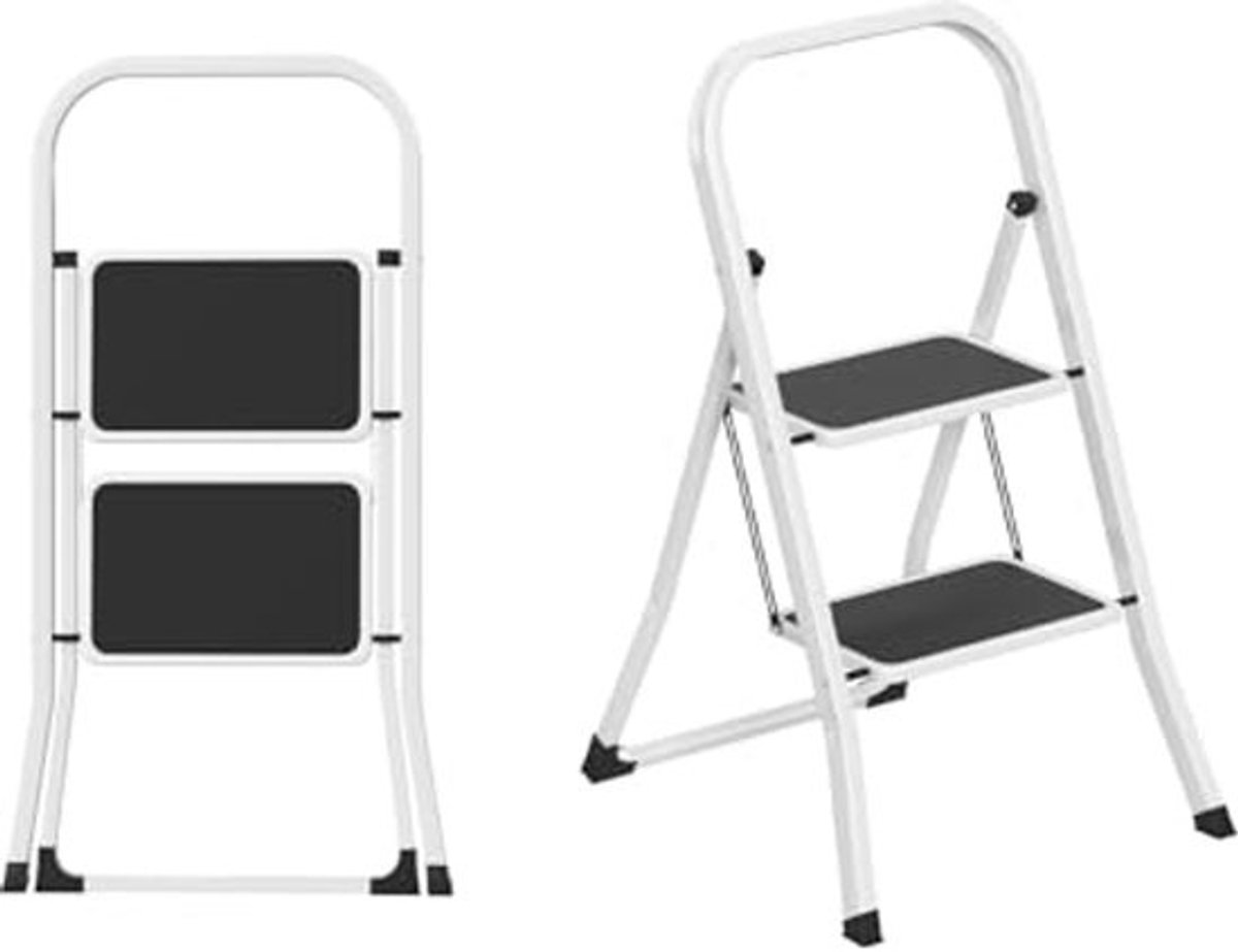 Vouwladder met 2 Treden - Robuuste Huishoudladder met Antislip en Stalen Frame - Ruimtebesparend en Opklapbaar - Draagkracht tot 150 kg