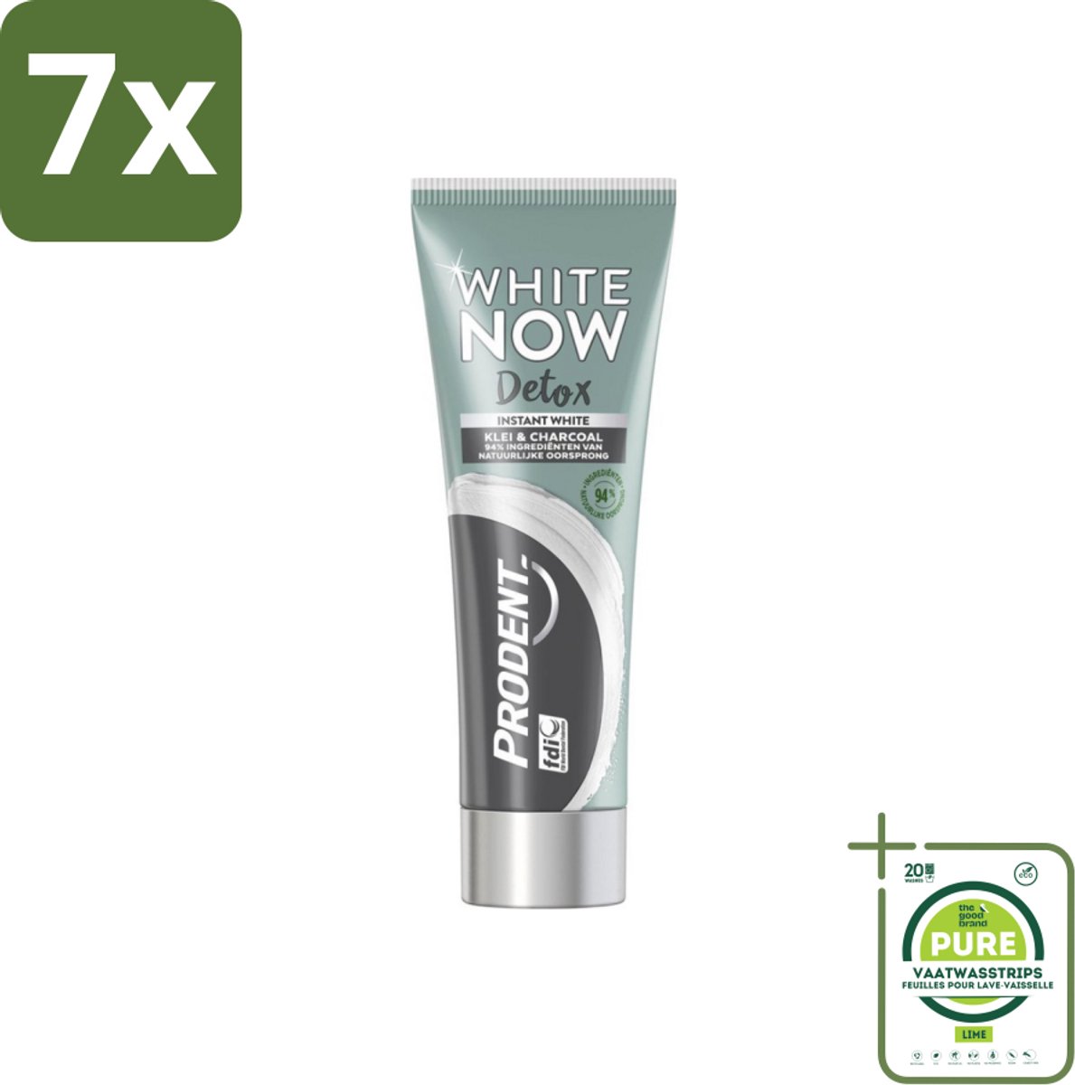 7 x Prodent - White Now - Tandpasta - Natuurlijke Ingrediënten - Klei En Houtskool - 75 ml - Grootverpakking - Tandpasta - Whitening - Klei - Houtskool - Natuurlijke Tandpasta