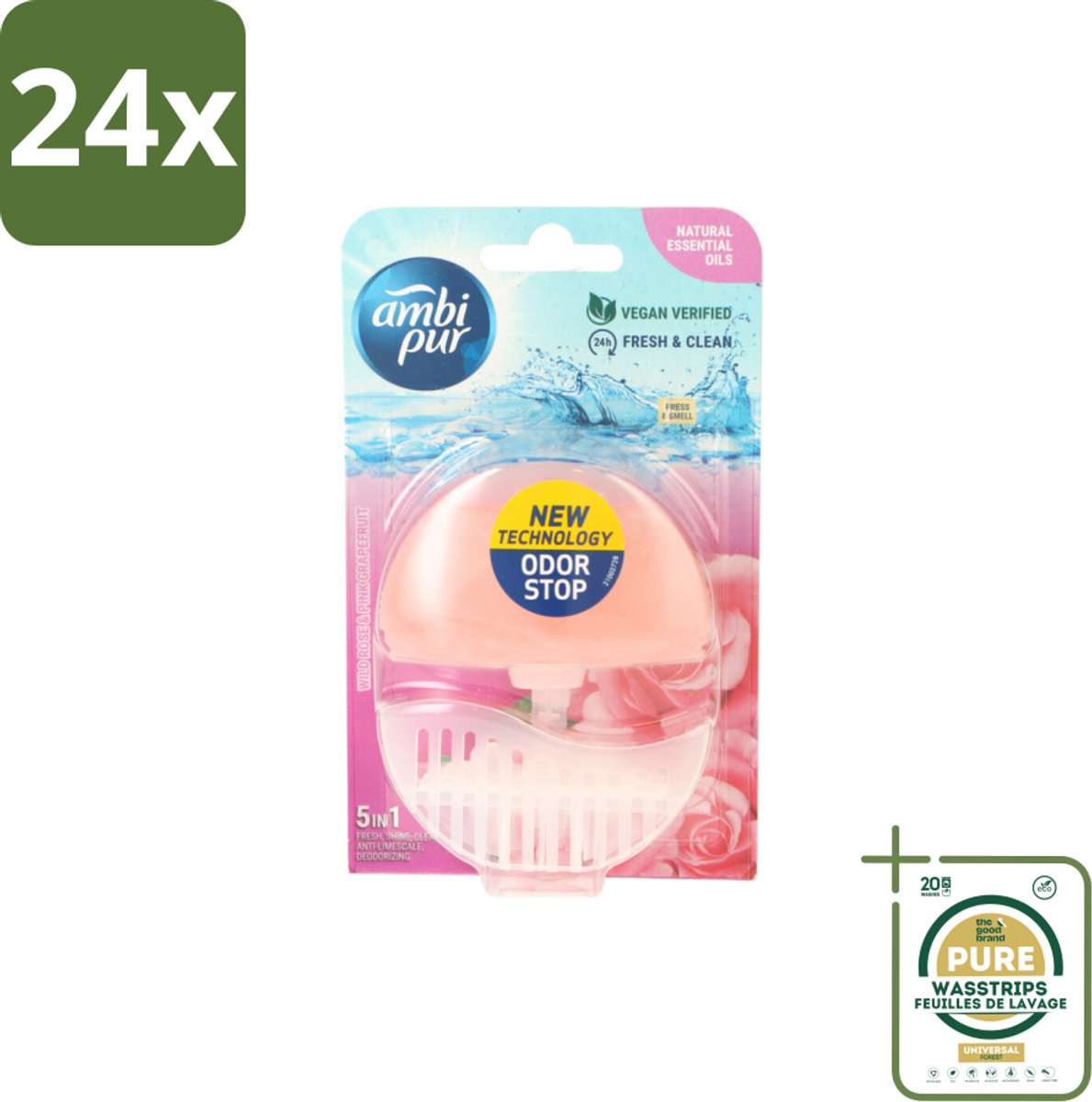 Ambi Pur Toiletblok Starterkit 5in1 Wild Rose & Pink Grapefruit - Voordeelverpakking - 24 stuks - Langdurige geur - Anti-kalk