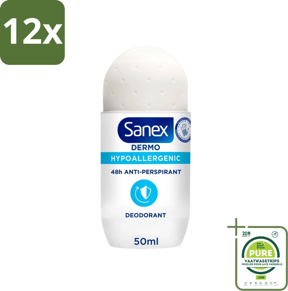 Sanex Dermo - Deodorant Roller - Hypoallergeen - 48h Anti-Transpirant - 50 ml - Voordeelverpakking - 12 stuks - Sanex - Deodorant