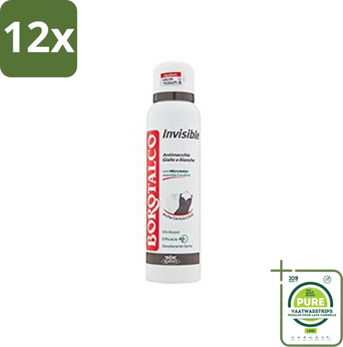 Borotalco - Deodorant Spray - Invisible - Barrier Effect Talc - 0% Alcohol - 150 ml - Voordeelverpakking - 12 stuks - Borotalco deodorant - Deodorant spray