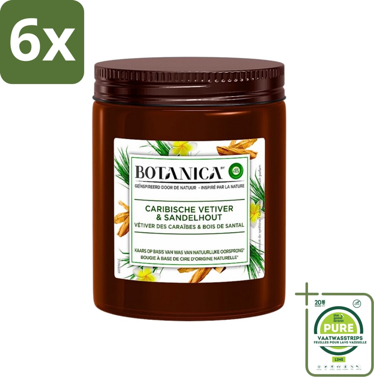 Botanica by Air Wick - Geurkaars - Vetiver & Sandelhout - 40 Uur Brandduur - Voordeelverpakking - 6 stuks - Geurkaars - Sandelhout