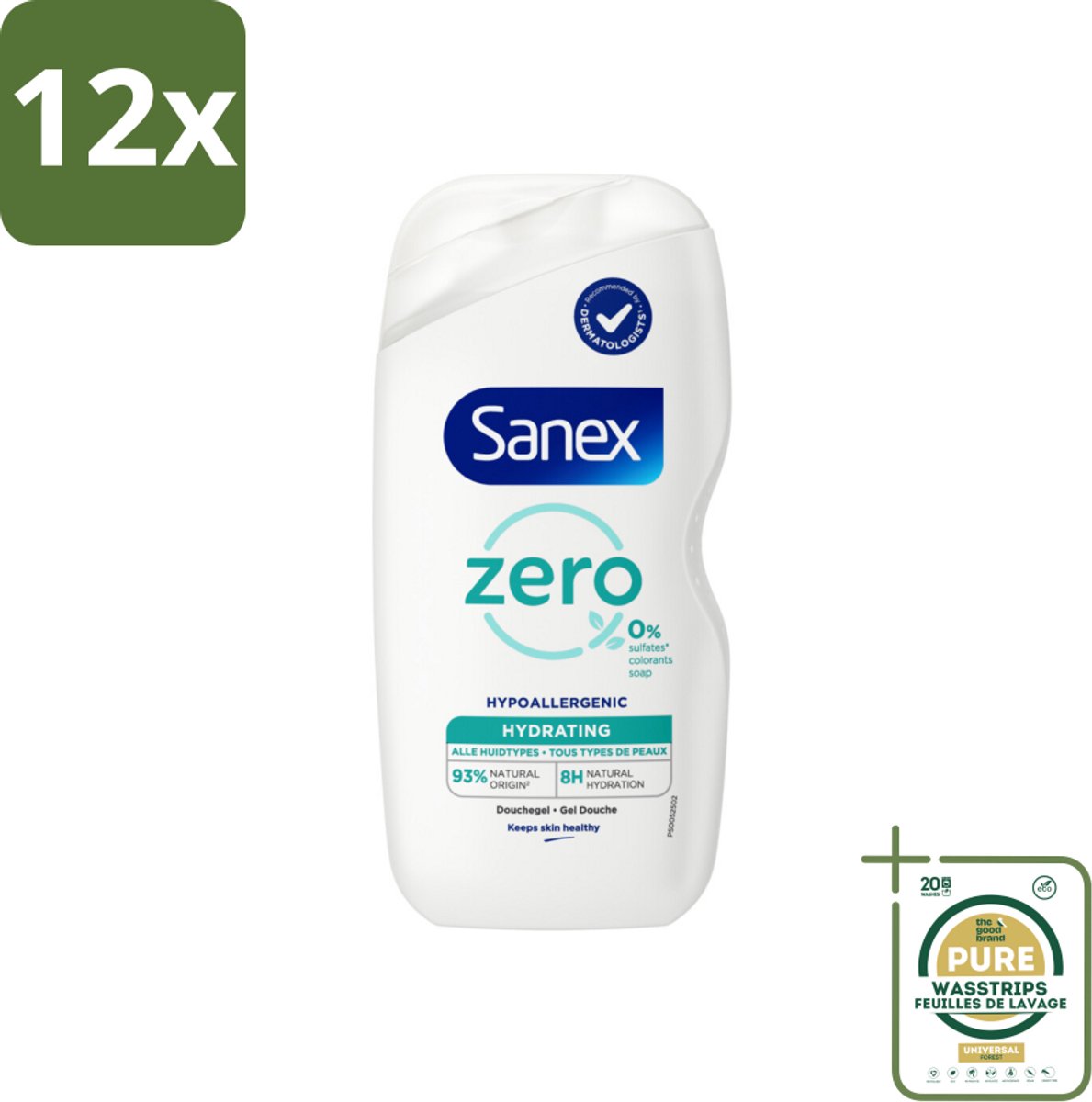 Sanex Zero % - Douchegel - Hydrateert - Alle Huidtypes - 400 ml - Voordeelverpakking - 12 stuks - Douchegel zonder sulfaten - Douchegel zonder kleurstoffen