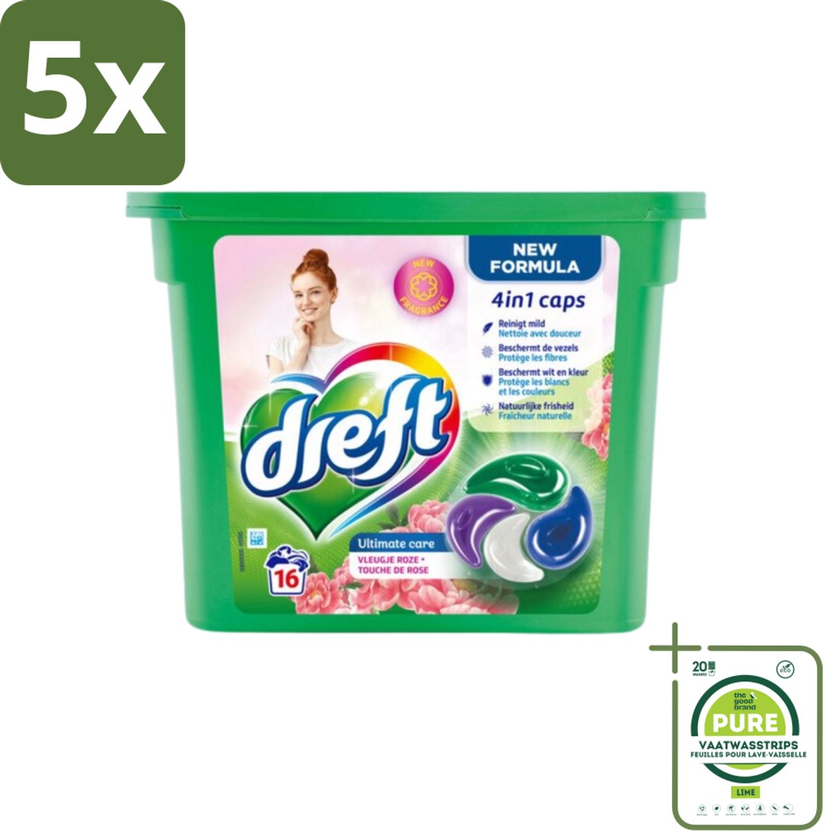 5 x Dreft - Nieuwe Formule - Wasmiddelcapsules 4in1 - Witte en Gekleurde Was - Vleugje Roze - 16 Wasbeurten - Grootverpakking - Wasmiddelcapsules - Wascapsules - Wasmiddel - Waspoeder - Kleurbescherming