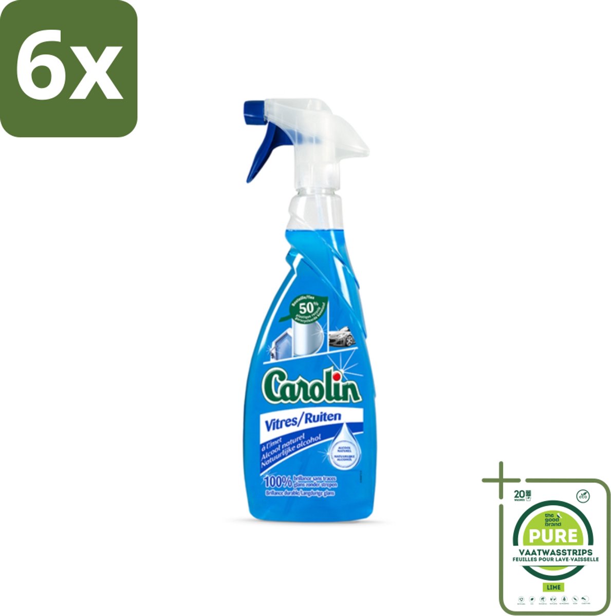 Carolin - Glas- en Ruitenreiniger - Met Natuurlijke Alcohol - 650 ml - Voordeelverpakking - 6 stuks - Glasreiniger - Ramen schoonmaken