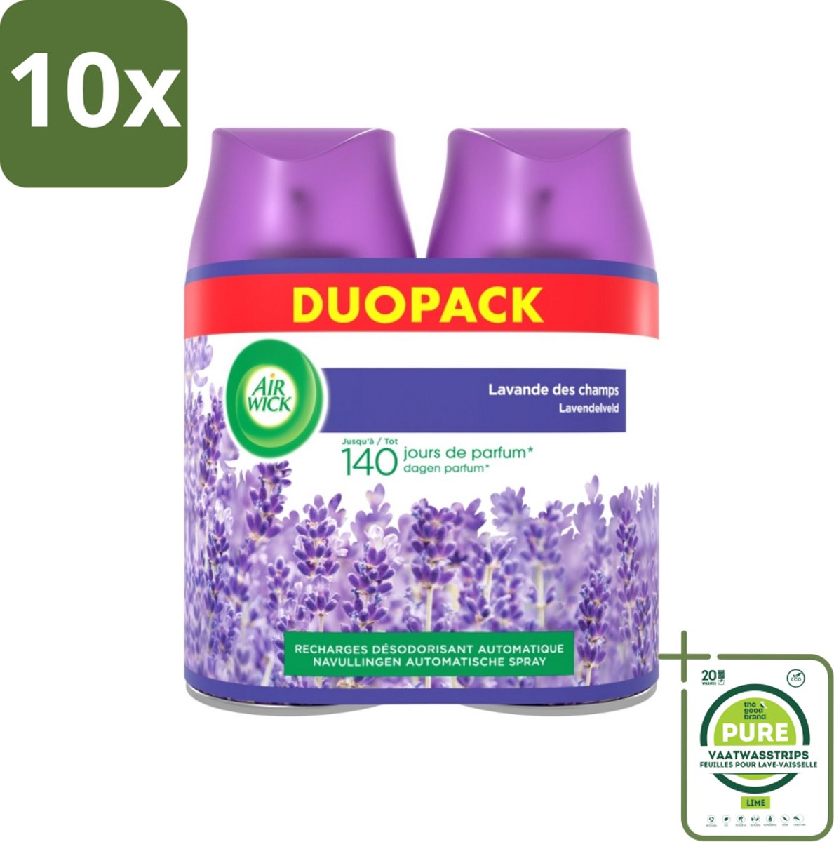 10 x Air Wick Freshmatic - Luchtverfrisser Navulling - Pure Fresh Lavendel - Bundel - 2x250ml - Grootverpakking - Luchtverfrisser - Lavendelgeur - Air Wick Freshmatic - Geurverspreider - Geurnavulling