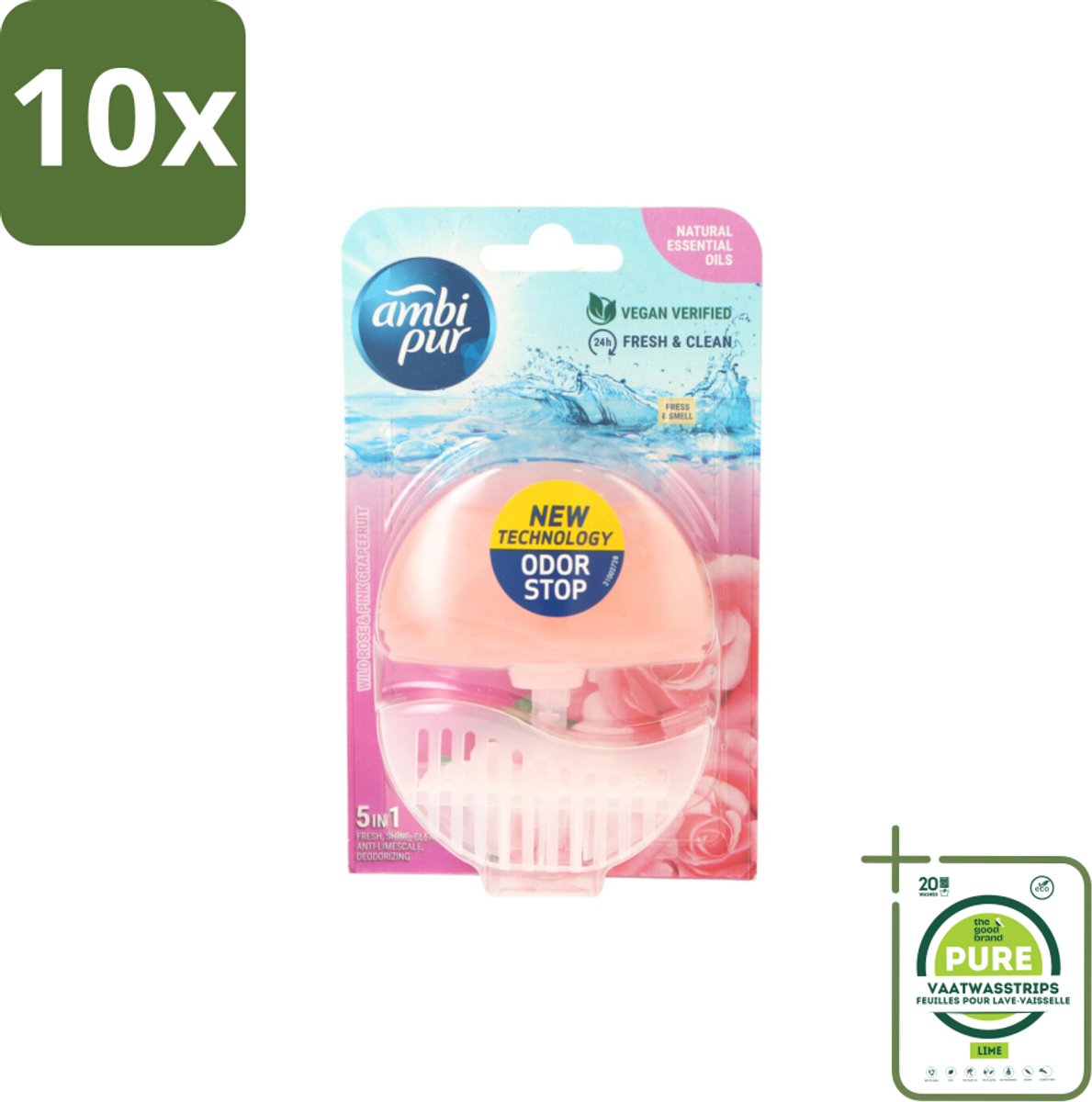 10 x Ambi Pur Toiletblok Starterkit 5in1 Wild Rose & Pink Grapefruit - Grootverpakking - Toiletblok - Toilet Reiniging - Langdurige Geur - Anti-kalk - Super Shine