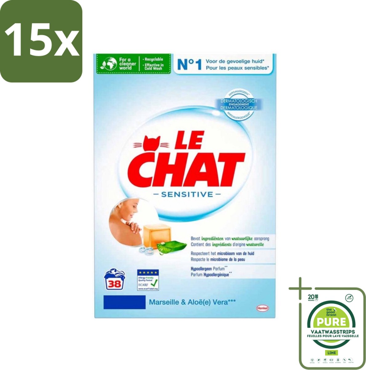 15 x Le Chat Sensitive - Waspoeder - Witte en Gekleurde Was - Marseille & Aloë Vera - 38 Wasbeurten - Grootverpakking - Waspoeder - Hypoallergeen - Gevoelige Huid - Babywas - Marseille Zeep
