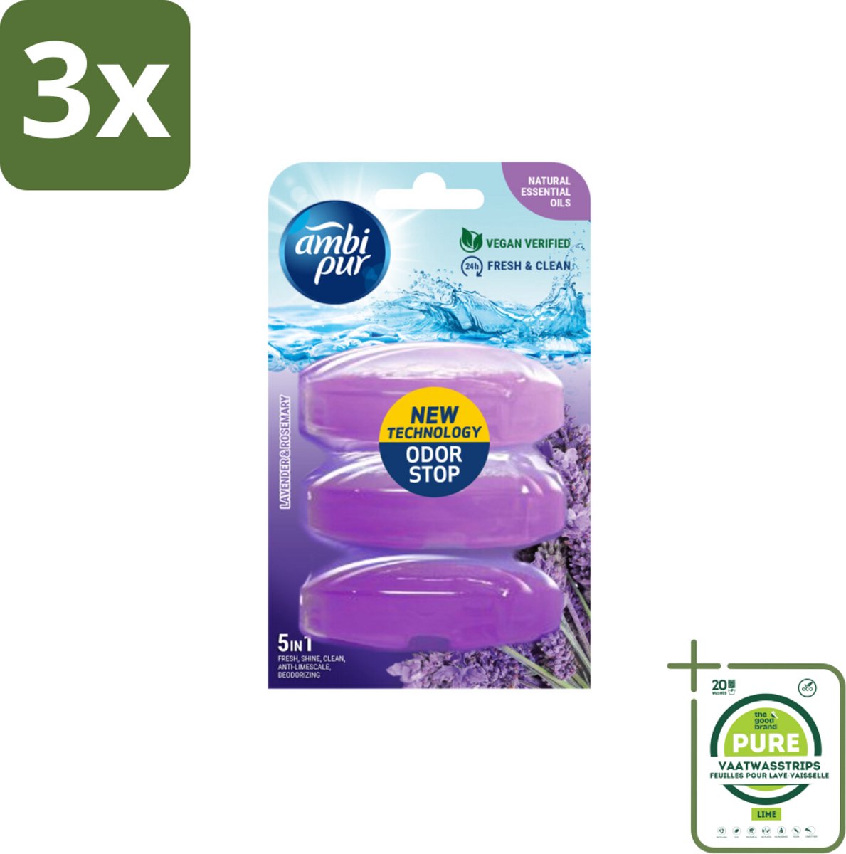 3 x Ambi Pur Toiletblok Navulling Lavendel & Rozemarijn 3 stuks per verpakking - Grootverpakking - Toiletblok - Toiletvulling - Lavendelgeur - Rozemarijn - Frisse Geur