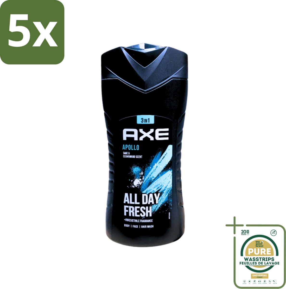 5 x Axe - 3-in-1 Douchegel - Apollo - Sage & Cedarwoord - All Day Fresh - 400 ml - Grootverpakking - Douchegel - Lichaam - Gezicht - Haar - Salie