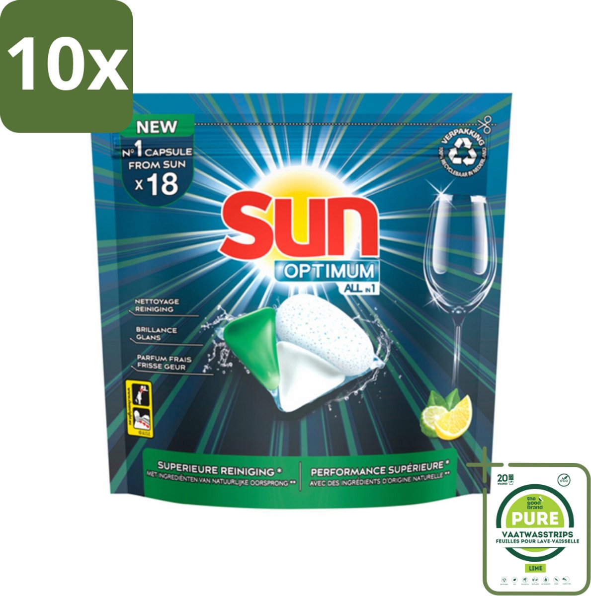 10 x Sun Optimum - All-in-1 - Vaatwasmiddel - Capsules - Citroen - 18 Capsules - Grootverpakking - Vaatwascapsules - Vaatwasmiddel - Citroen - All-in-1 - Vaatwasser
