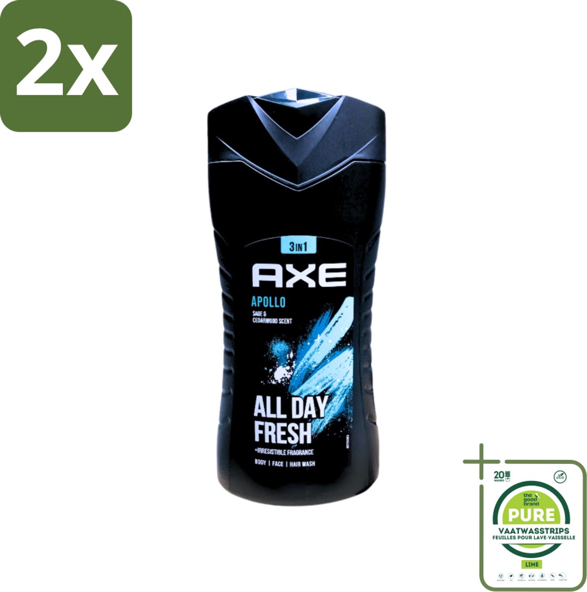 Axe - 3-in-1 Douchegel - Apollo - Sage & Cedarwoord - All Day Fresh - 400 ml - Voordeelverpakking - 2 stuks - Douchegel - Deodorant