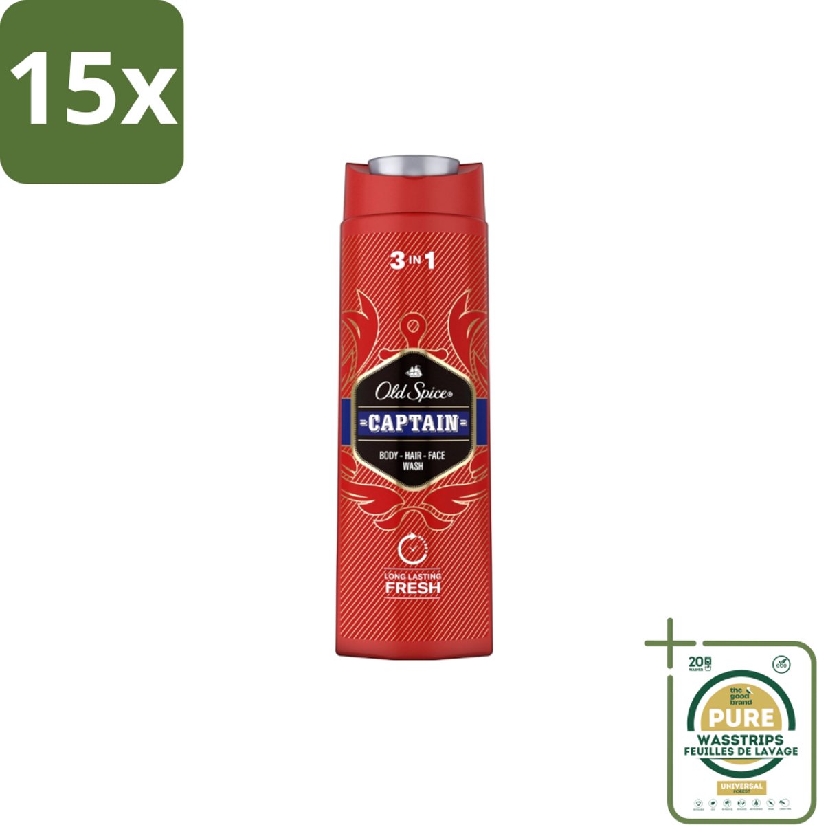 15 x Old Spice – Douchegel – Captain – 400 ml - Grootverpakking - Douchegel Voor Mannen - Gezichtsreiniging - Haarreiniging - Lichaamreiniging - Fris Geur