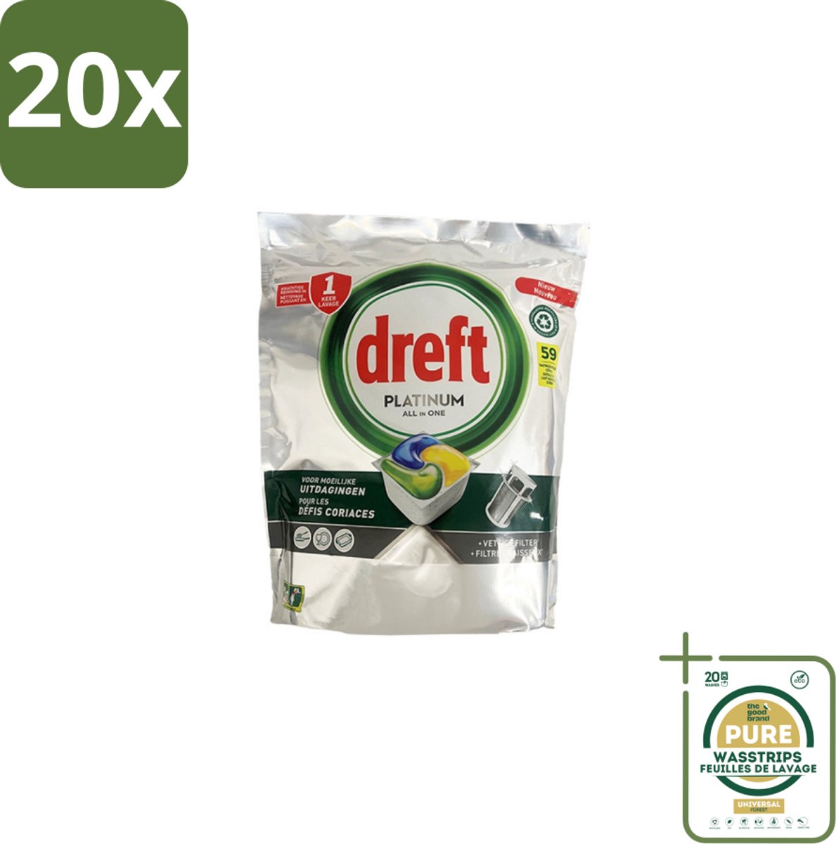 20 x Dreft – Vaatwastabletten – All-in-One Platinum – Lemon – 59 Tabletten - Grootverpakking - Vaatwastabletten - Vaatwasser - Vetverwijderen - Glasbescherming - Citroengeur