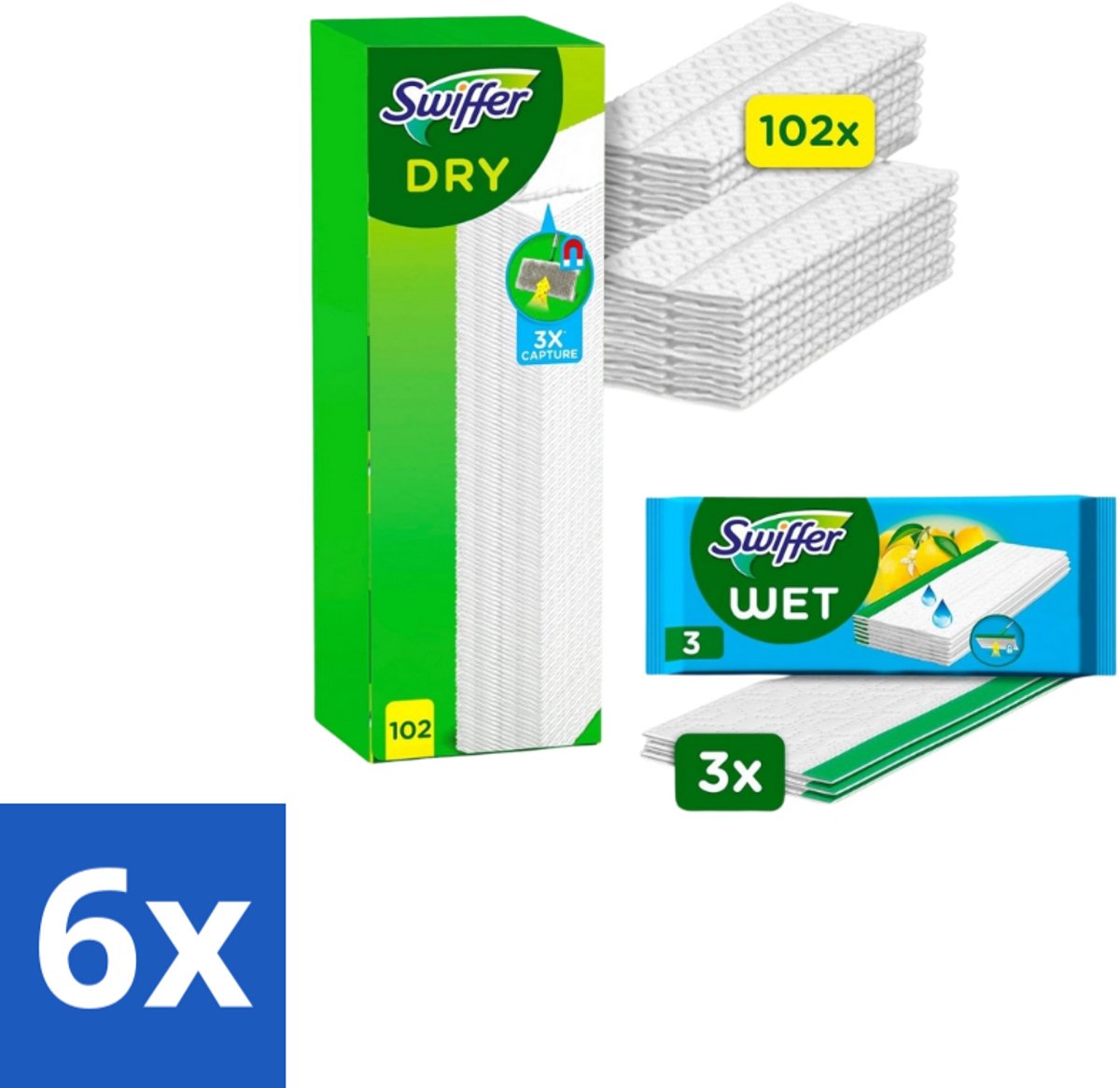 Swiffer – Vloerdoekjes – Dry Navullingen 102 + 3 Vochtige Doekjes - Voordeelverpakking - 6 stuks