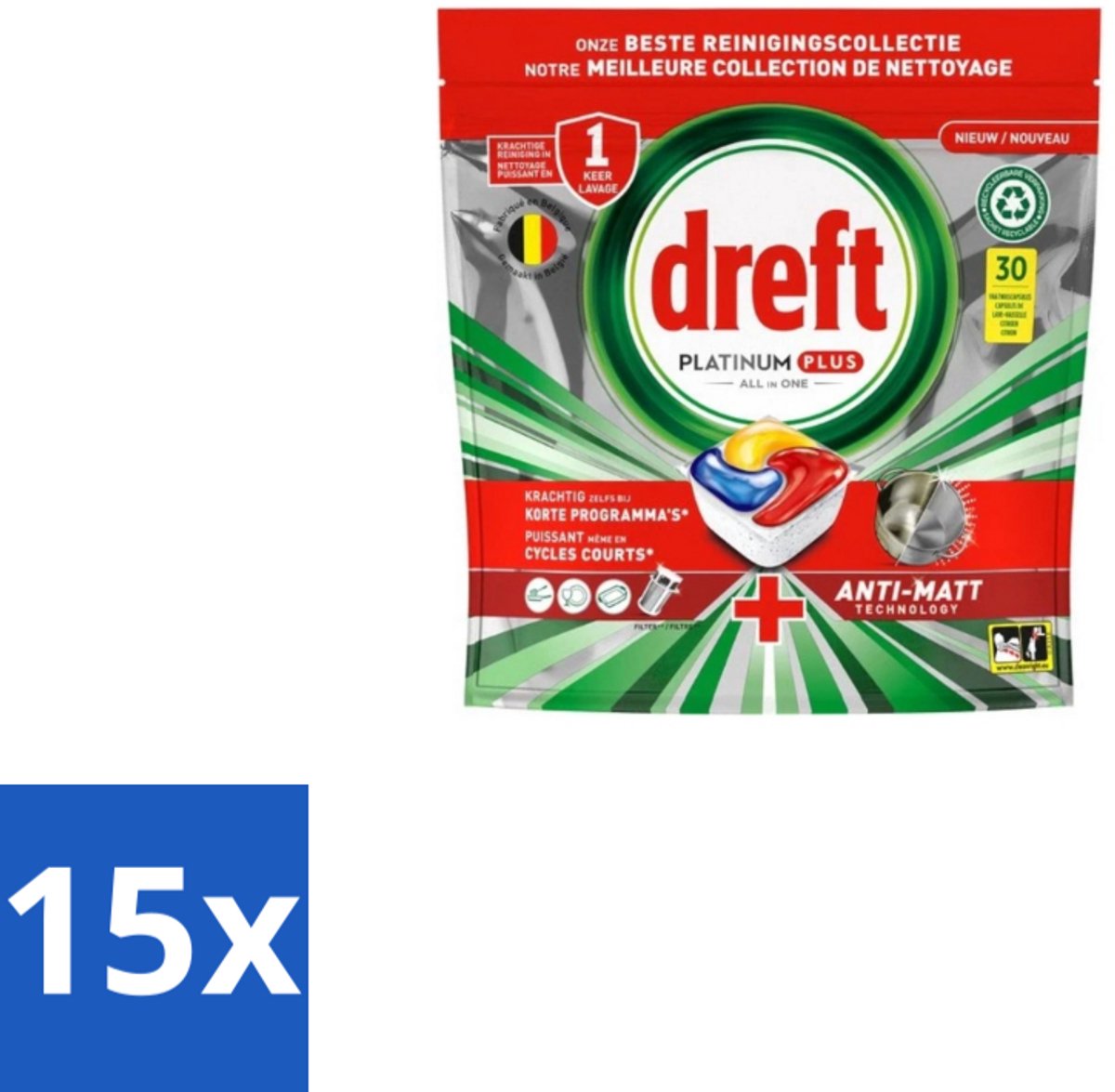 Dreft – Vaatwastabletten – Platinum Plus All-in-One – Original – 30 Tabletten - Bulkverpakking - 15 stuks