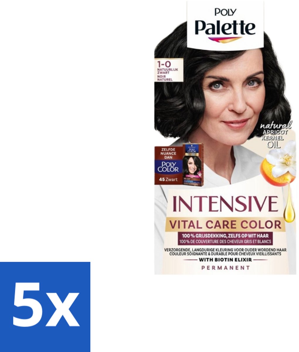 5 x Poly Palette – Haarverf – 1-0 Natuurlijk Zwart – 115 ml - Haarkleur - Grijsdekking - Zwart Haar - Permanente Haarkleuring - Natuurlijke Glans