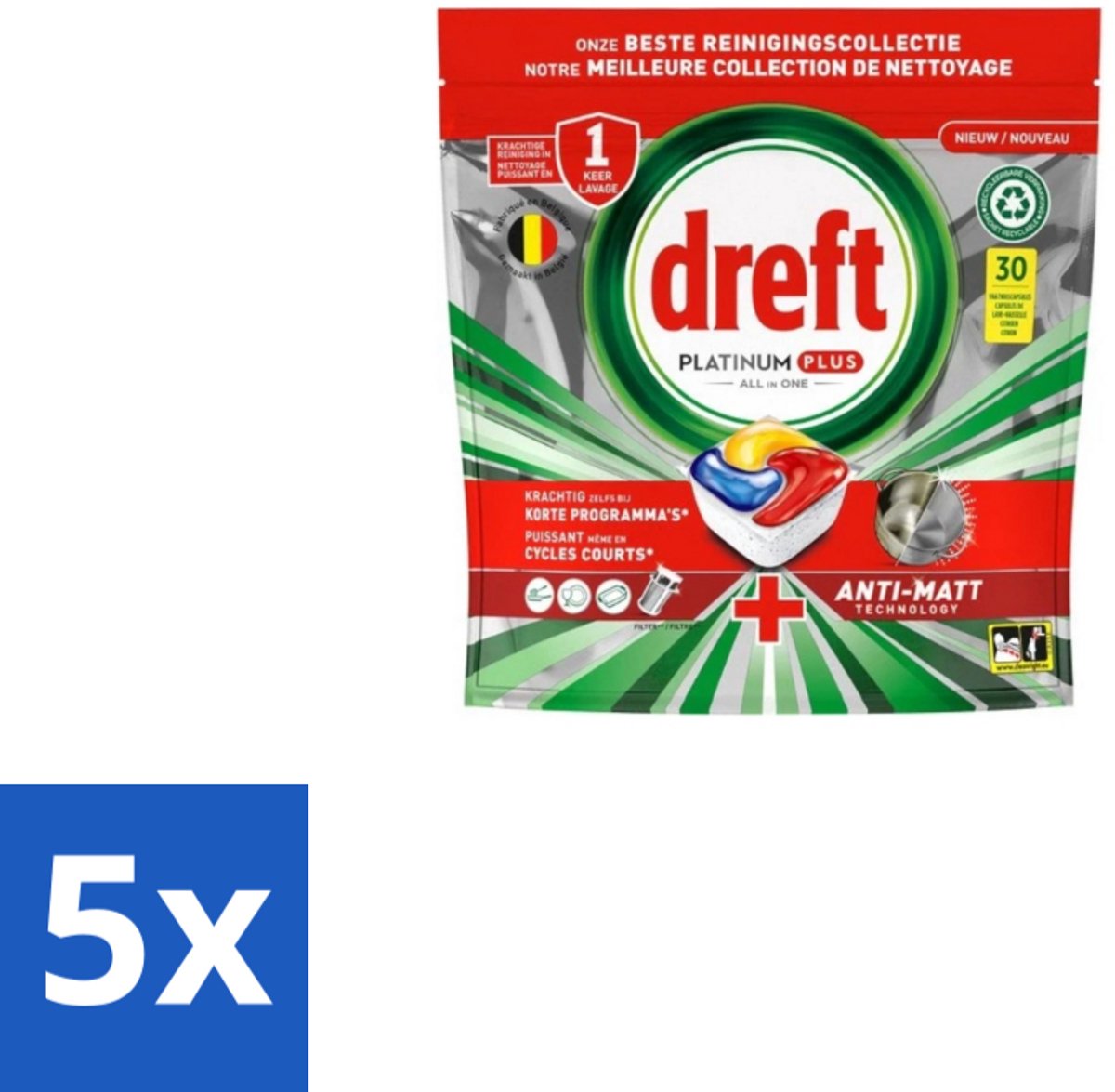 Dreft – Vaatwastabletten – Platinum Plus All-in-One – Original – 30 Tabletten - Bulkverpakking - 5 stuks