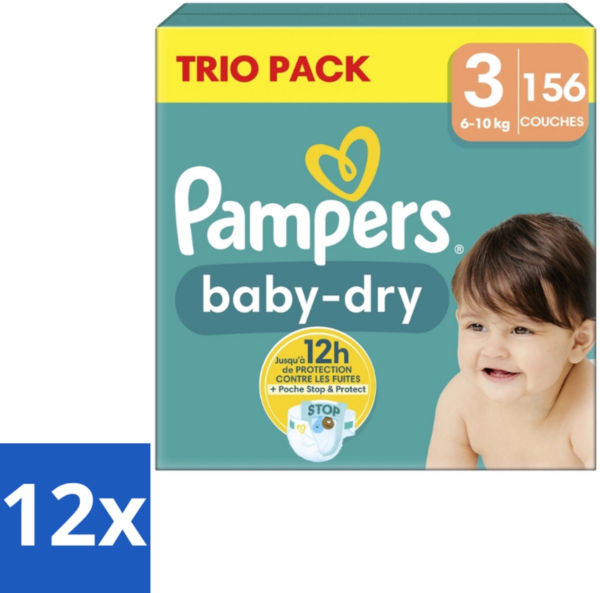 12 x Pampers – Luiers – Baby-Dry Trio Pack Maat 3 (6-10 kg) – 156 Luiers - Baby Luiers - Droge Luiers - Anti-lek Luiers - Baby Droogheid - Nachtluier