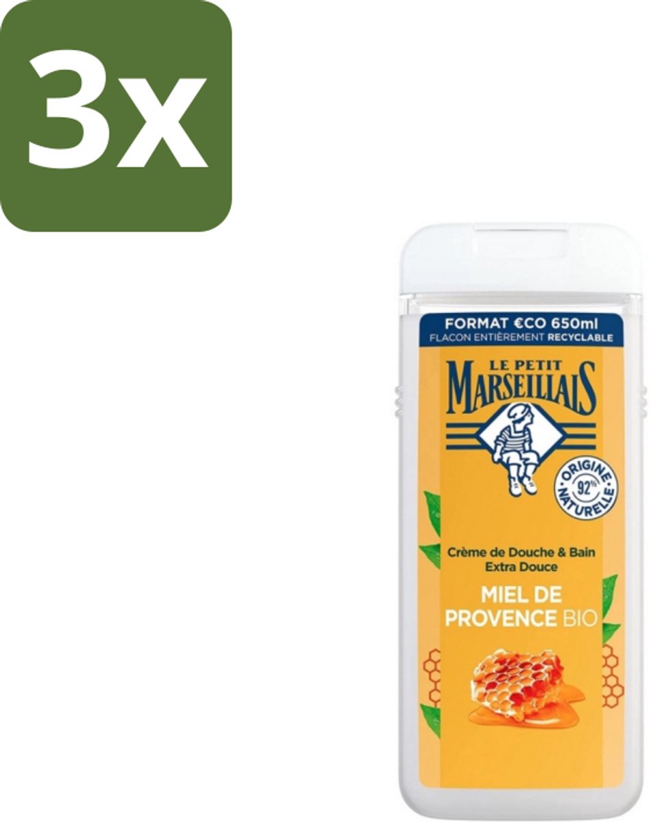 3 x Le Petit Marseillais – Douche & Bad – Honing – 650 ml - Douche En Bad - Honing - Huid Verzorging - Schuim - Zachte Huid