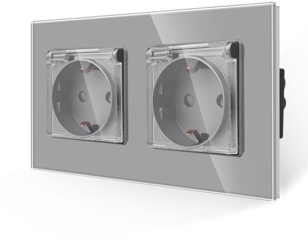 Dubbel Glazen Stopcontact met Waterdichte Afdekking - 16 Ampère, 2-voudig, 250 V, 157 x 86 mm