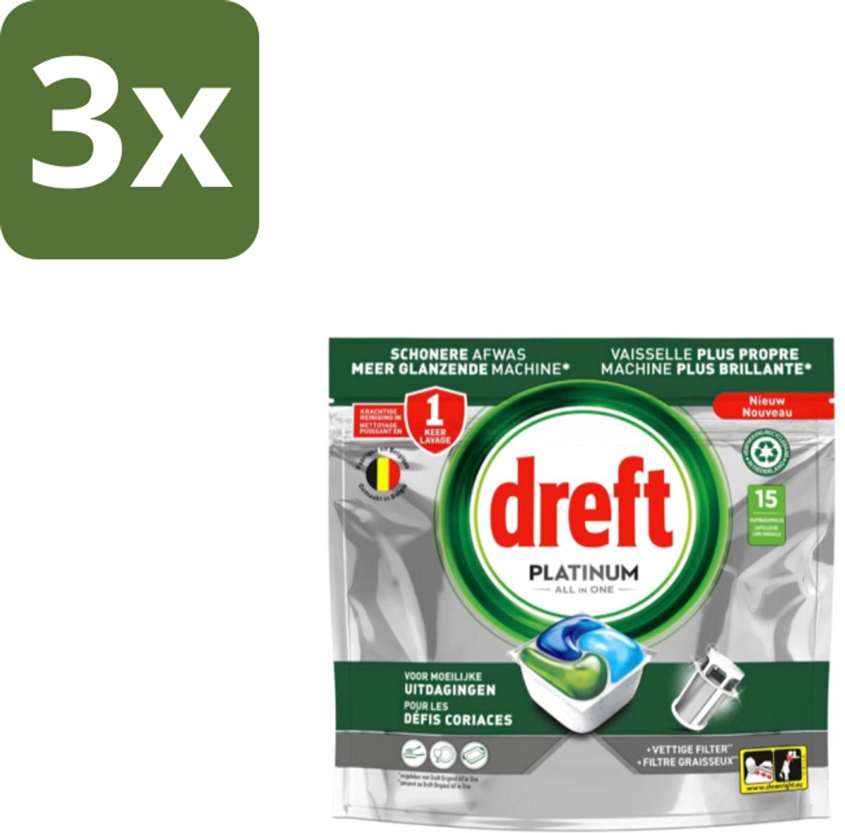 Dreft – Vaatwascapsules – Platinum All-in-One – 15 Capsules - Bulkverpakking - 3 stuks
