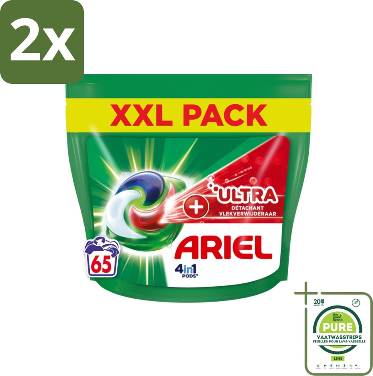 Ariel – 4in1 Pods – Ultra Vlekverwijderaar – 65 wasbeurten - Voordeelverpakking - 2 stuks - Vlekverwijderaar - Wasmiddel
