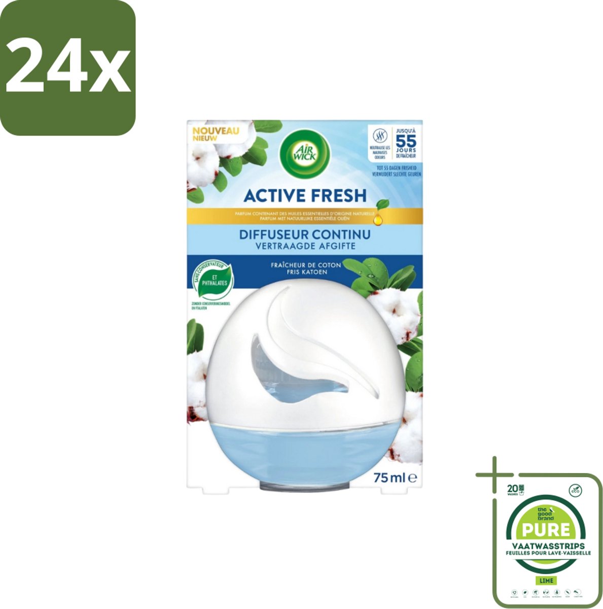 Air Wick – Luchtverfrisser – Deco Sphere Katoen – 75 ml - Voordeelverpakking - 24 stuks - Luchtverfrisser - Katoen geur