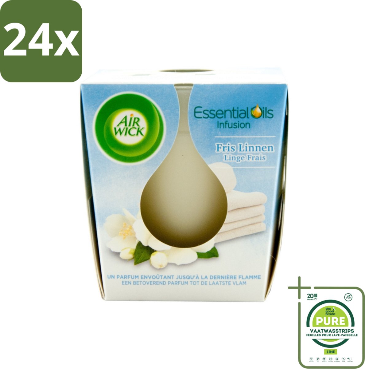 Air Wick – Geurkaars – Fris Linnen met Essentiële Oliën – 105 g - Voordeelverpakking - 24 stuks - Geurkaars - Fris linnen