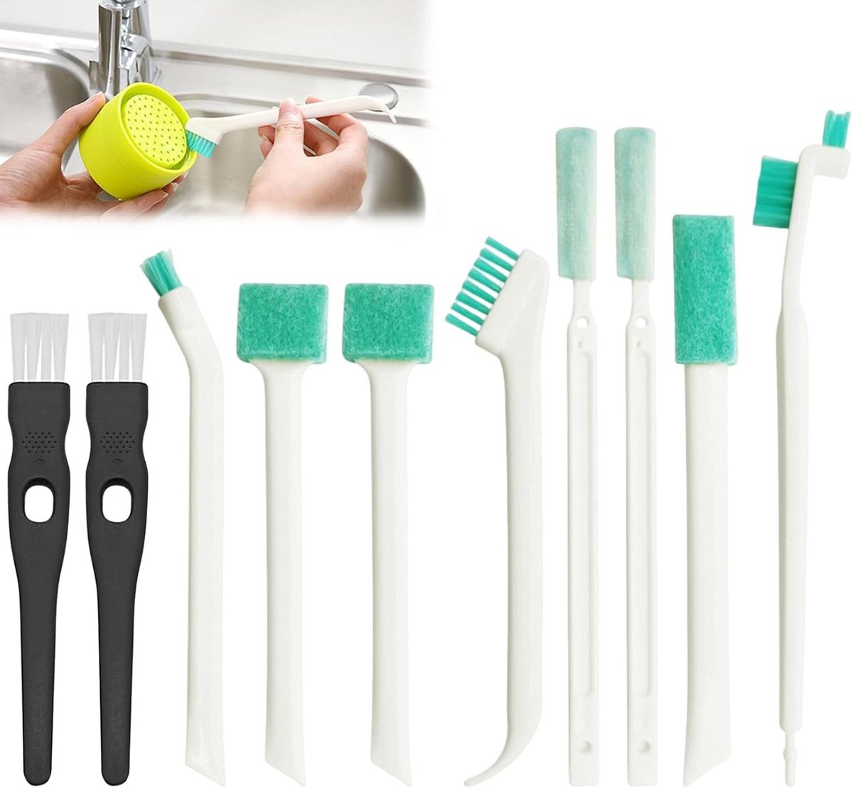Set van 10 Schoonmaak Sponsjes en Borstels, Ideaal voor Ramen, Keuken en Badkamer, Inclusief Kleine Schoonmaakfles