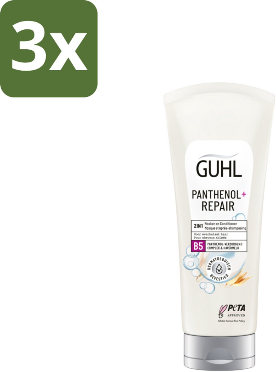 3 x Guhl – 2-in-1 Masker & Conditioner – Panthenol+Repair – 200 ml - Haarmasker - Conditioner - Panthenol - Haarverzorging - Haarherstel