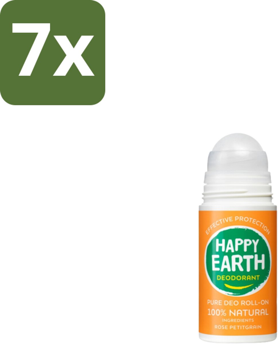 7 x Happy Earth – Deodorant Roll-On – 100% Natuurlijk Rose Petitgrain – 75 ml - 100% Natuurlijk Deodorant - Roll-on Deodorant - Bloemige Geur - Frisse Geur - Anti-irritatie