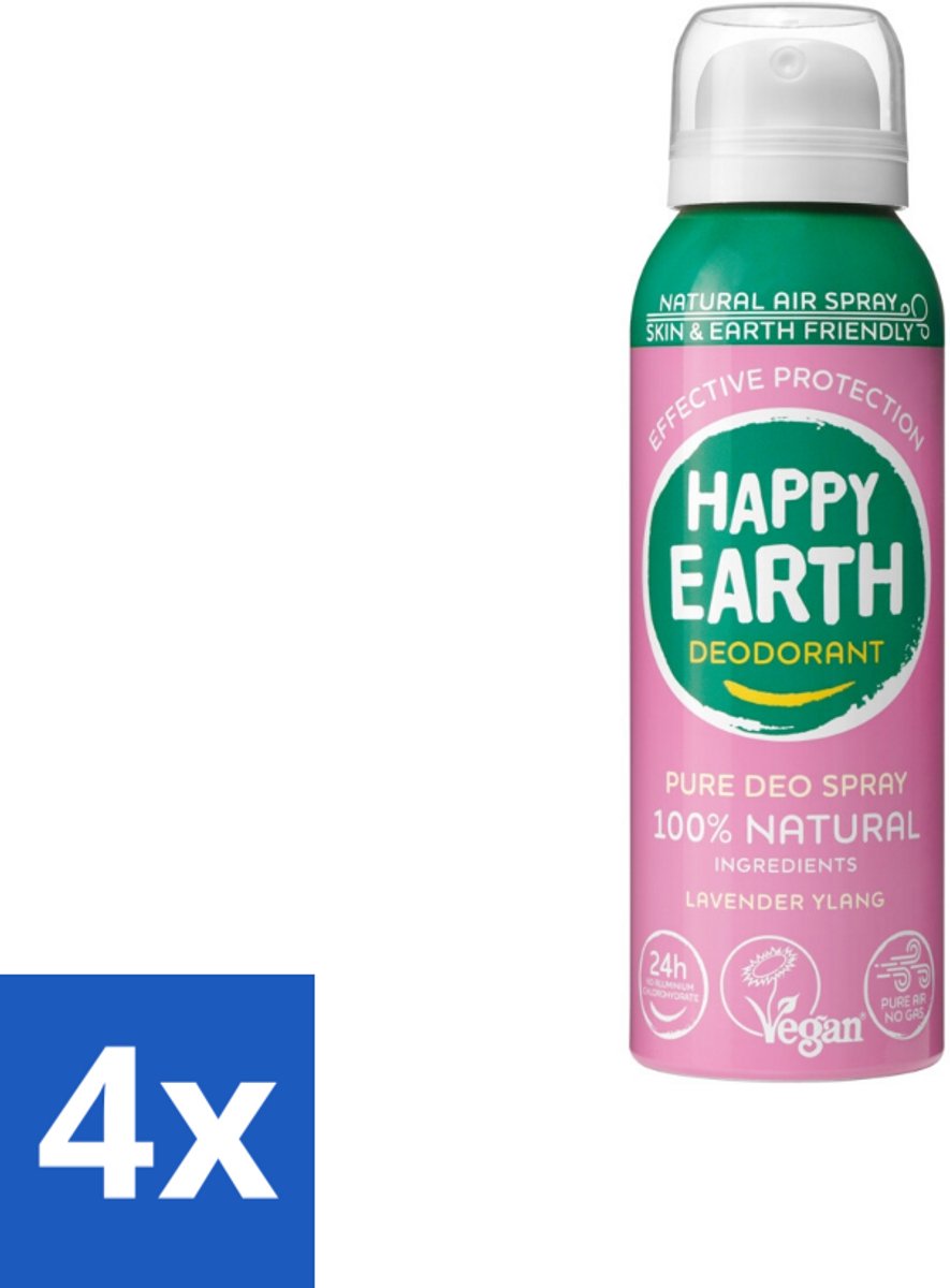 4 x Happy Earth – Deodorant Spray – 100% Natuurlijk Lavender Ylang – 100 ml - Natuurlijke Deodorant Spray - Luchtige Deodorant - Duurzame Deodorant - Lavendel En Ylang-ylang - Huidvriendelijke Deodorant