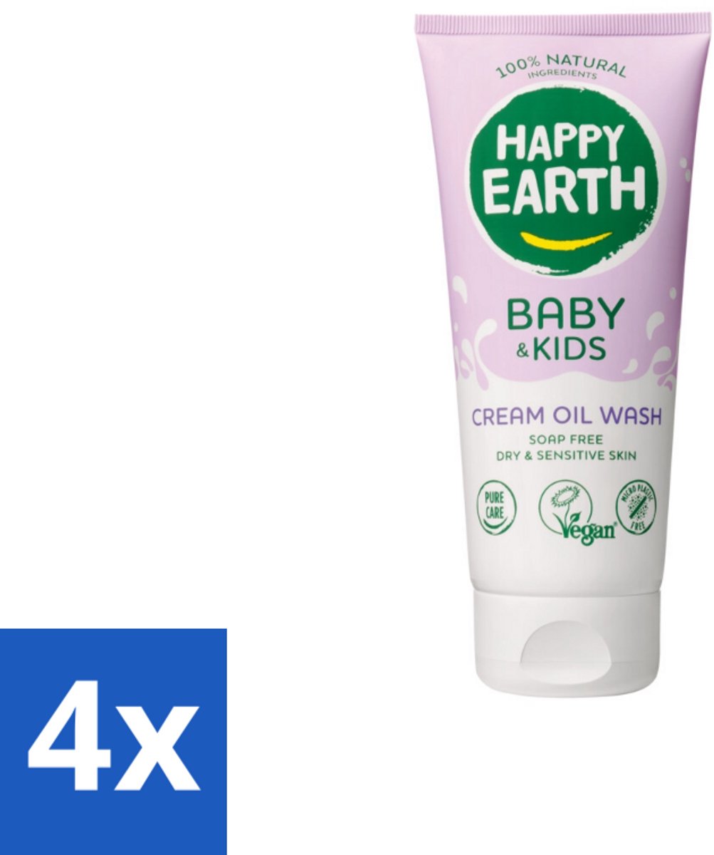 4 x Happy Earth – Cream Oil Wash – 100% Natuurlijk Baby & Kids – 200 ml - Babyolie - Gezichtsolie - Lichaamsoil - Natuurlijke Babyolie - Gezicht En Lichaam Verzorging