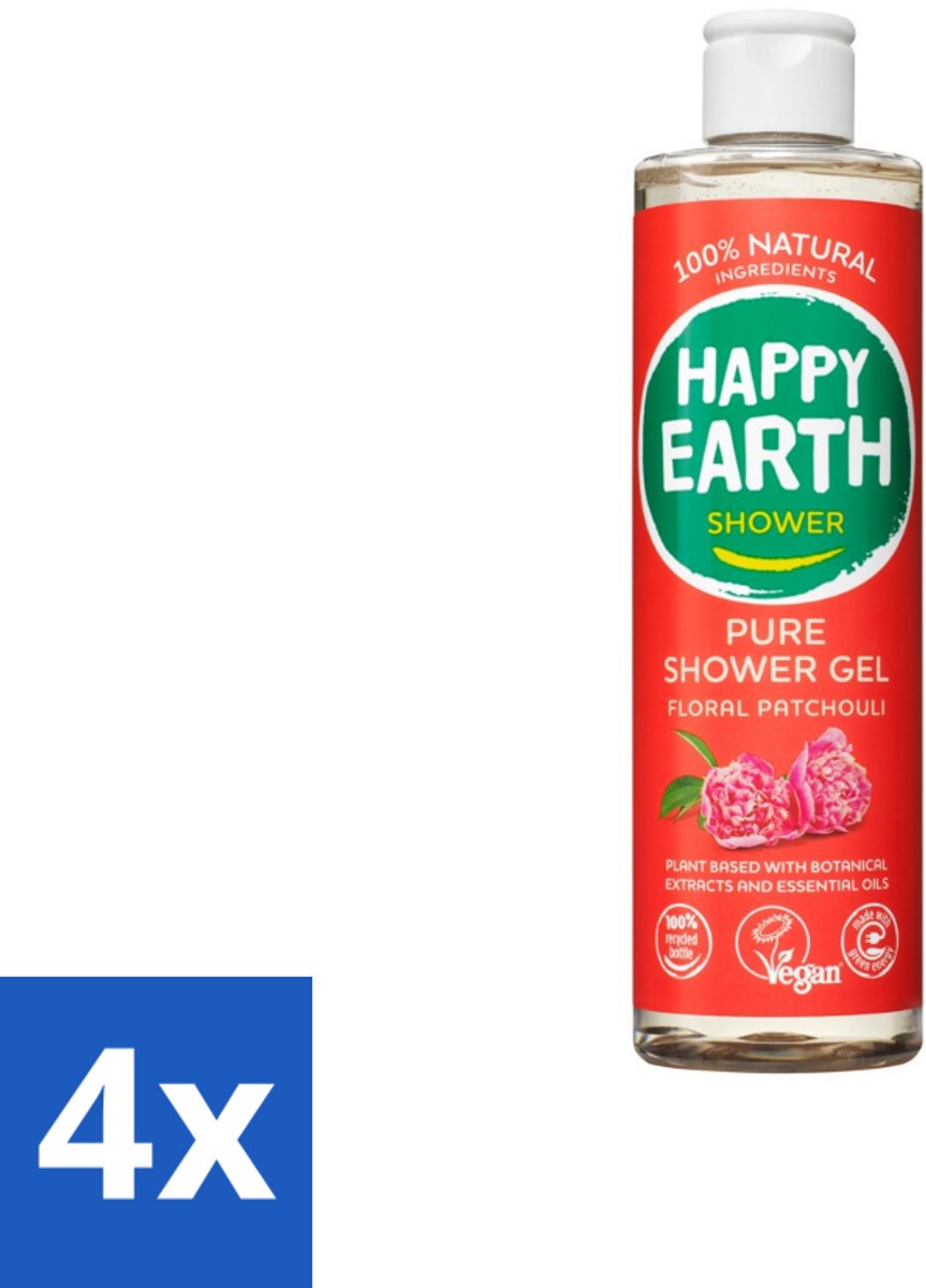 4 x Happy Earth – Douchegel – 100% Natuurlijk Floral Patchouli – 300 ml - Douchegel - Natuurlijke Douchegel - Vegan Douchegel - Patchouli Geur - Huid Verzorging