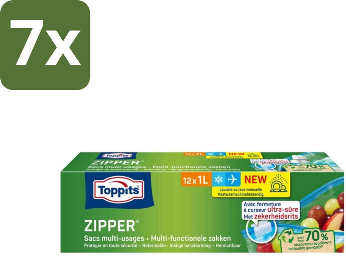 7 x Toppits – Zipper Multifunctionele Zakken – 1 Liter – 12 Zakjes - Koffie - Koffiezetapparaat - Koffiezetapparaat Met Automatische Functie