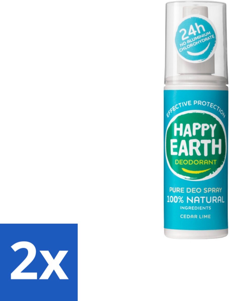 2 x Happy Earth – Deodorant Spray – 100% Natuurlijk Cedar Lime – 100 ml - Deodorant Spray - Fris Geur - Cederhout En Limoen - Natuurlijke Deodorant - Huidvriendelijk