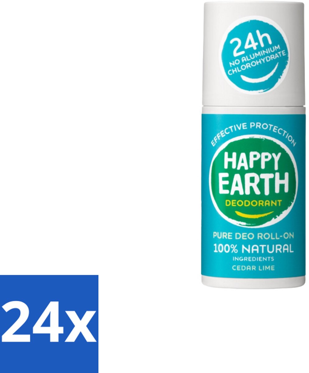 24 x Happy Earth – Deodorant Roll-On – 100% Natuurlijk Cedar Lime – 75 ml - Deodorant - Natuurlijke Deodorant - Cederhout - Limoen - Fris