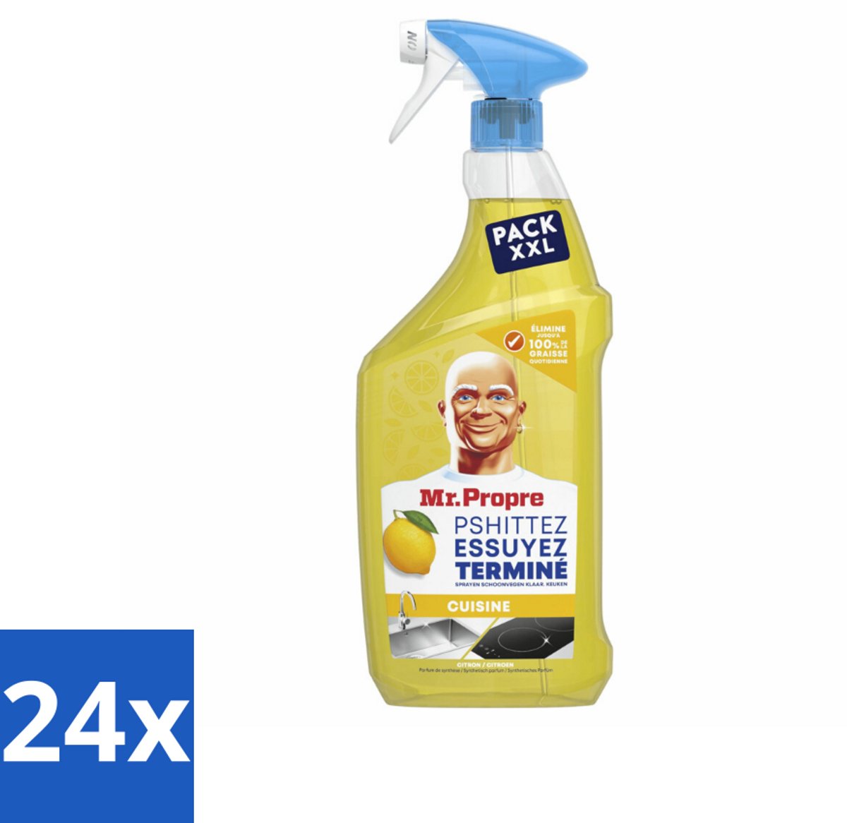 24 x Mr. Propre – Flash Reinheid Spray – Ontvetter & Allesreiniger – Lemon – 800 ml - Ontvetter - Allesreiniger - Citroen - Schone Glans - Streeploos