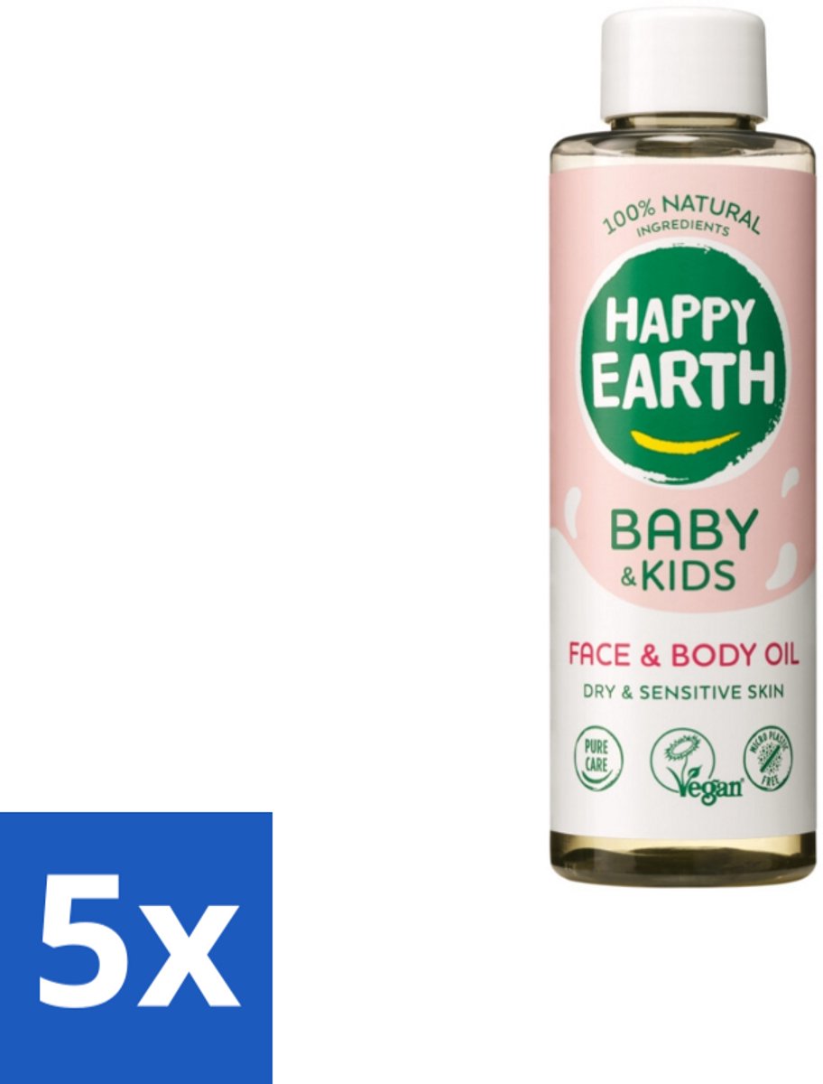 5 x Happy Earth – Face & Body Oil – 100% Natuurlijk Baby & Kids – 150 ml - Babyolie - Gezichtsolie - Lichaamsoil - Gezicht En Lichaam - Gevoelige Huid
