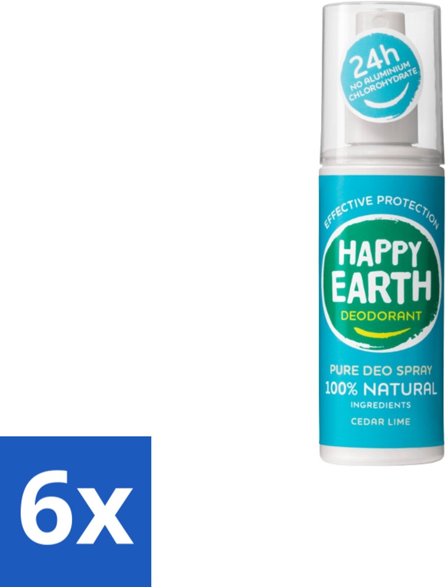 6 x Happy Earth – Deodorant Spray – 100% Natuurlijk Cedar Lime – 100 ml - Deodorant Spray - Fris Geur - Cederhout En Limoen - Natuurlijke Deodorant - Huidvriendelijk
