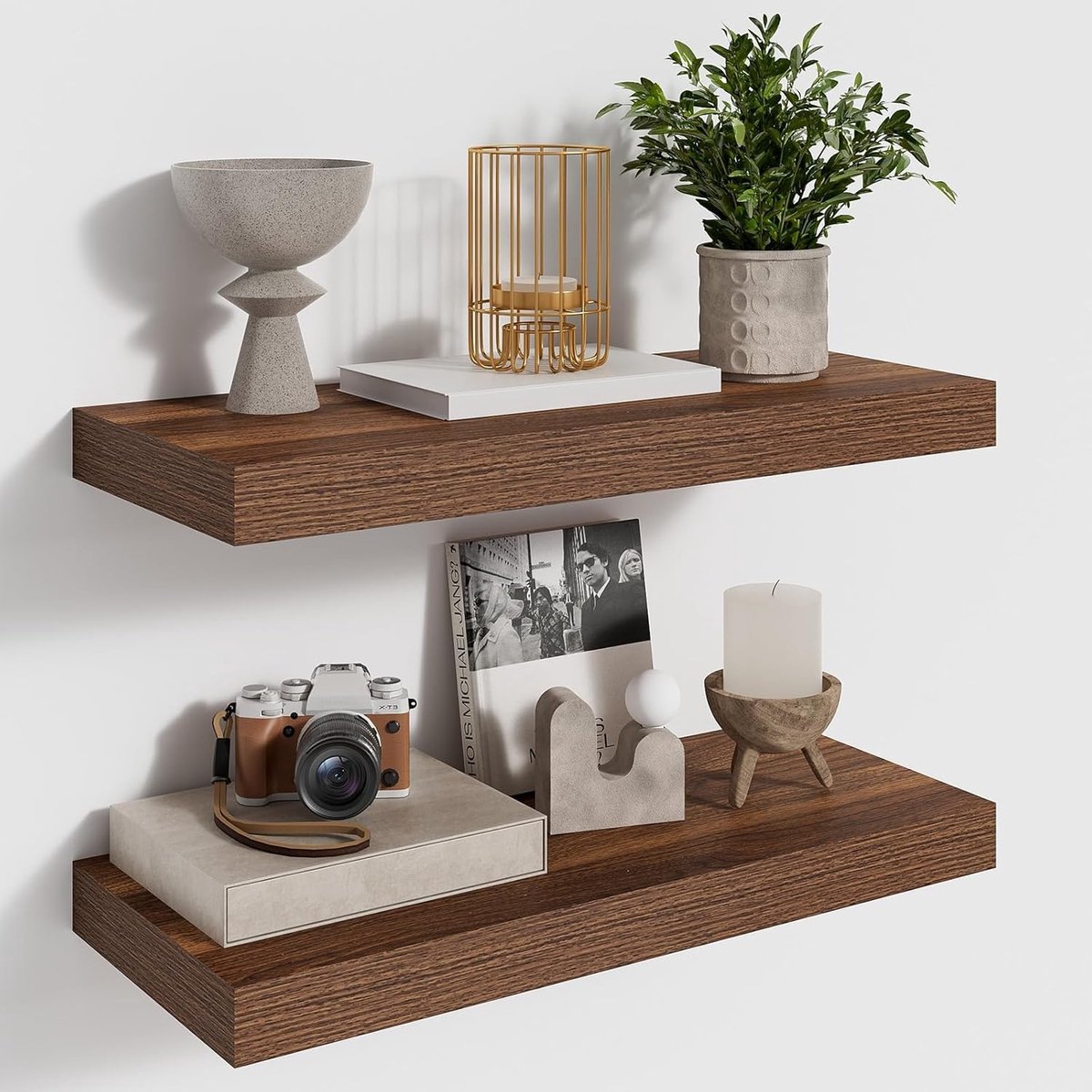 Set van 2 Wandplanken van 40 cm in Walnoot, Diepte 16.5 cm, Ideaal voor Badkamer, Slaapkamer en Woonkamer, MDF Hout Planken voor Decoratie en Opslag