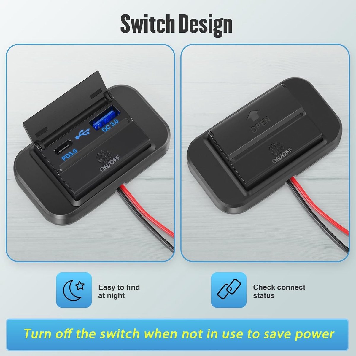 Dual USB C Oplaadpunt 12V Auto Lader 36W QC3.0 en 55W PD Type C Snelladen Waterdicht met Schakelaar voor Auto, Boot en Motorhome – foto 3