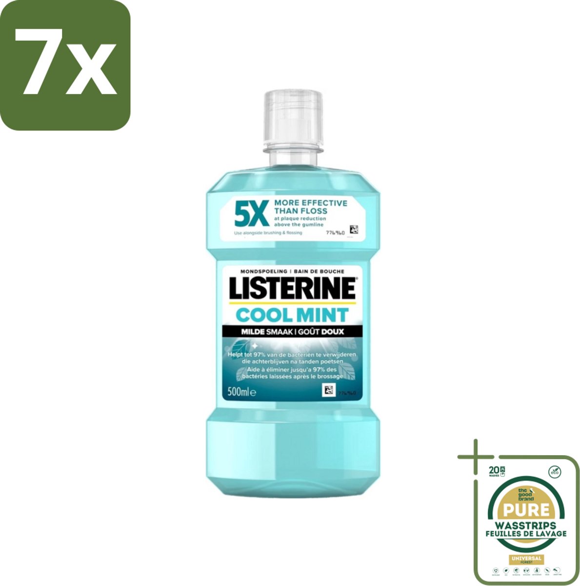 7 x Listerine - Mondwater - Cool Mint - Milde Smaak - 500 ml - Grootverpakking - Mondspoeling - Mondwater - Mondhygiëne - Tandplak - Tandvlees