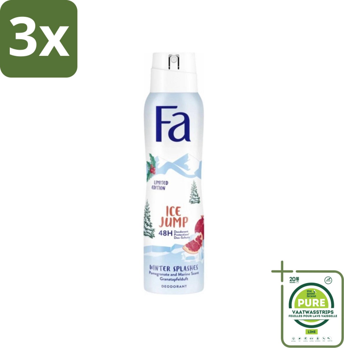 3 x Fa - Deodorant Spray - Winter Splashes Ice Jump - Koel - 48 uur Bescherming - 150 ml - Grootverpakking - Deodorant Spray - Winter Splashes Ice Jump - 48 Uur Bescherming - Koel - Fris