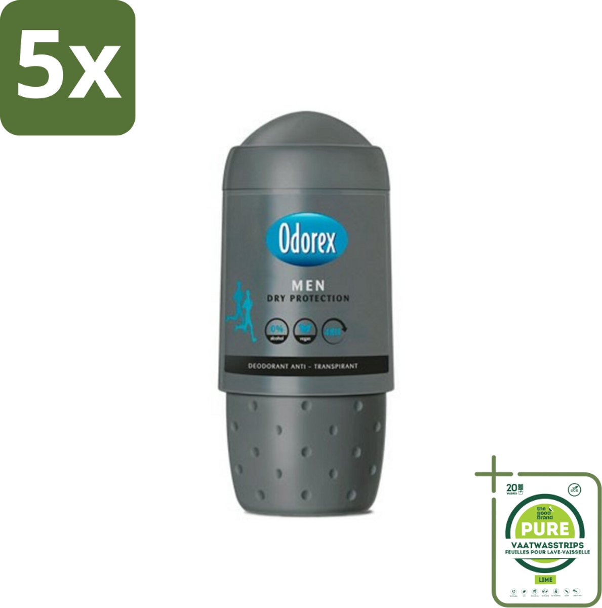 5 x Odorex Deodorant Roller For Men Dry Protection 50 ml - Grootverpakking - Mannelijke Deodorant - Anti-transpirant - Zweetbescherming - Alcoholvrije Deodorant - Droge Oksels