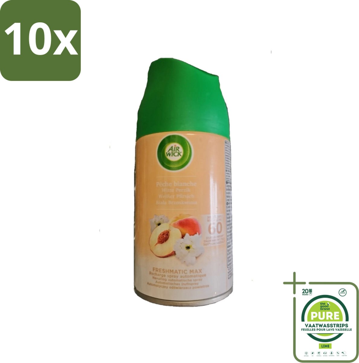 10 x Air Wick - Luchtverfrisser Navulling - Witte Perzik - Automatische Spray - 250 ml - Grootverpakking - Air Wick Freshmatic - Witte Perzik - Geurverspreiding - Automatische Spray - Navulling