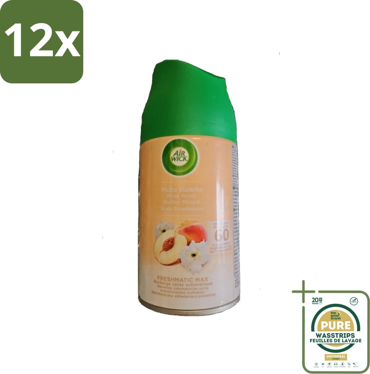 Air Wick - Luchtverfrisser Navulling - Witte Perzik - Automatische Spray - 250 ml - Voordeelverpakking - 12 stuks - Geurverspreiding - Automatische spray